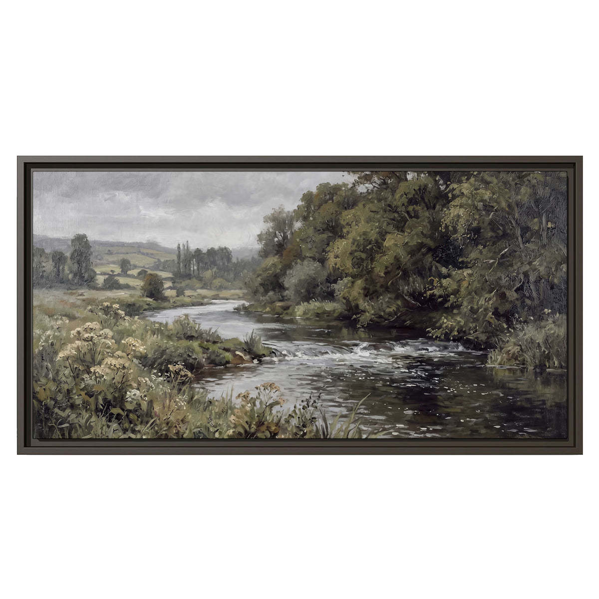 A gently flowing river bordered by olive-green trees and flowers single framed canvas wall art viewed straight on