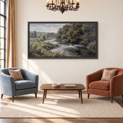 A gently flowing river bordered by olive-green trees and flowers single framed canvas wall art styled in an interior