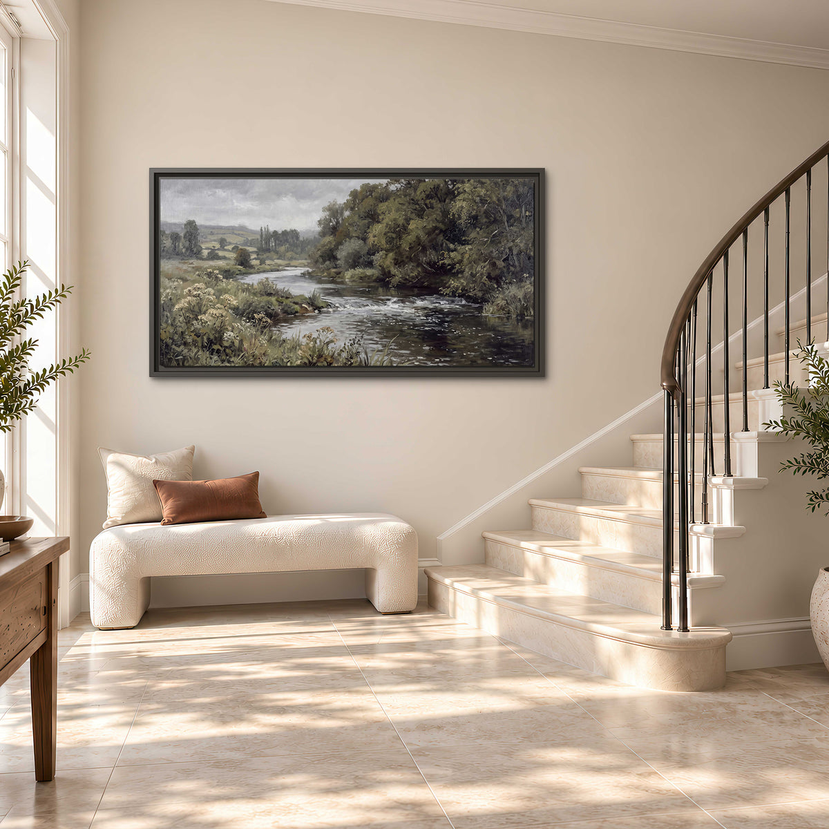 A gently flowing river bordered by olive-green trees and flowers single framed canvas wall art styled in an interior