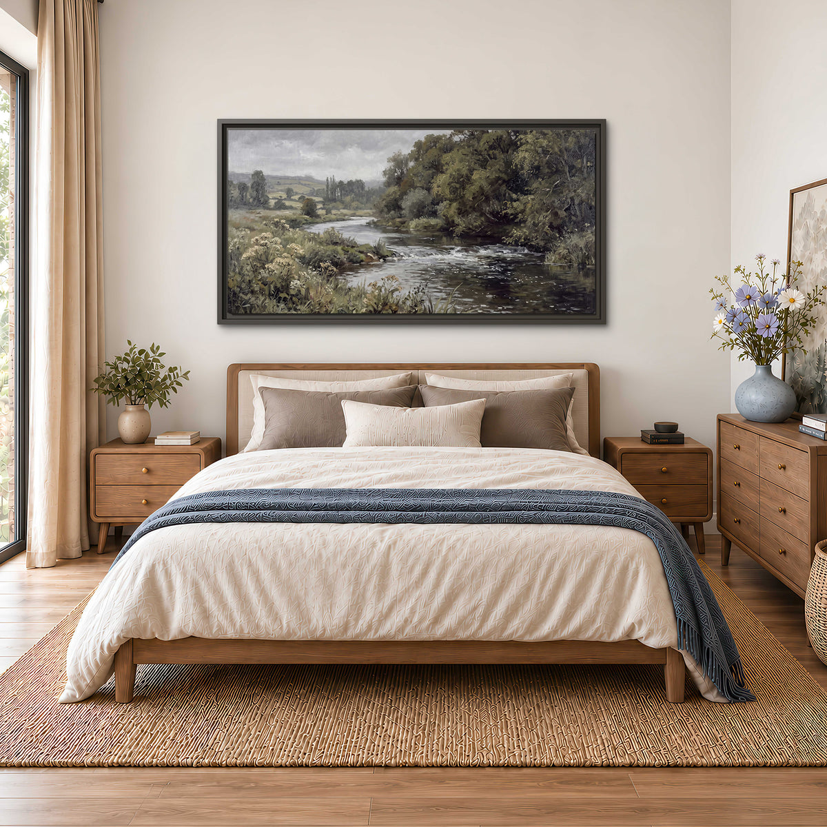 A gently flowing river bordered by olive-green trees and flowers single framed canvas wall art styled in an interior