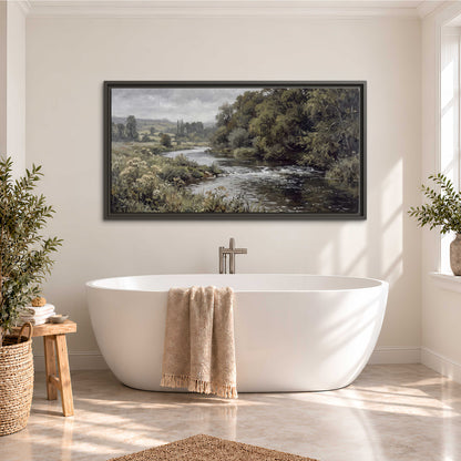 A gently flowing river bordered by olive-green trees and flowers single framed canvas wall art styled in an interior