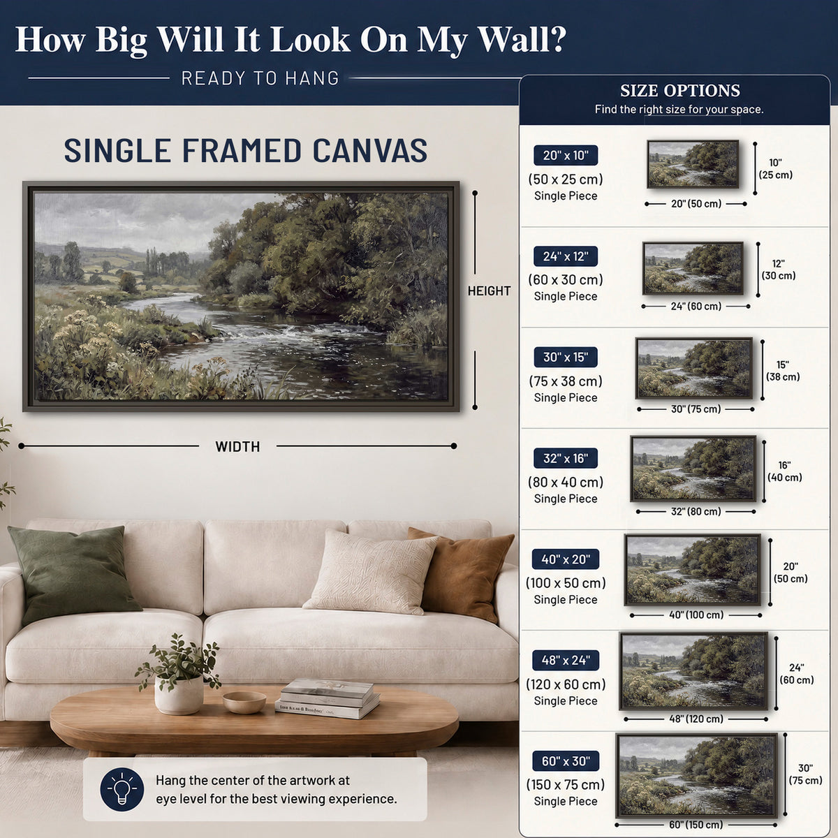 A gently flowing river bordered by olive-green trees and flowers single framed canvas wall art size guide above a sofa; room view is illustrative