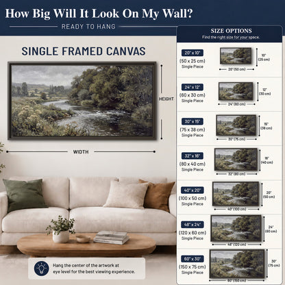 A gently flowing river bordered by olive-green trees and flowers single framed canvas wall art size guide above a sofa; room view is illustrative
