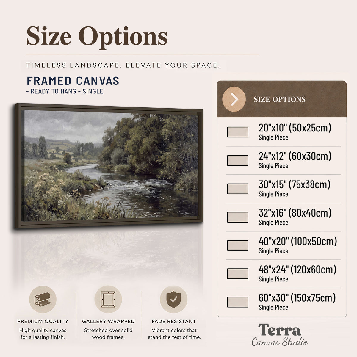 A gently flowing river bordered by olive-green trees and flowers single framed canvas wall art available dimensions