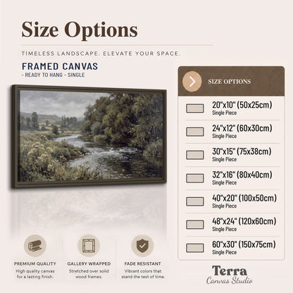 A gently flowing river bordered by olive-green trees and flowers single framed canvas wall art available dimensions