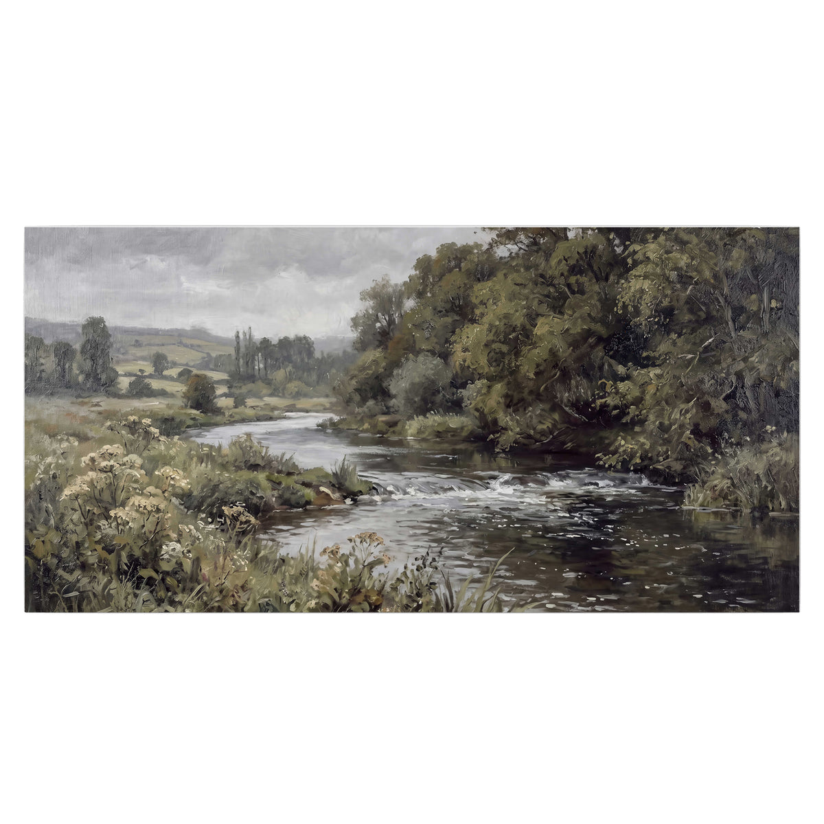 A gently flowing river bordered by olive-green trees and flowers single poster print viewed straight on