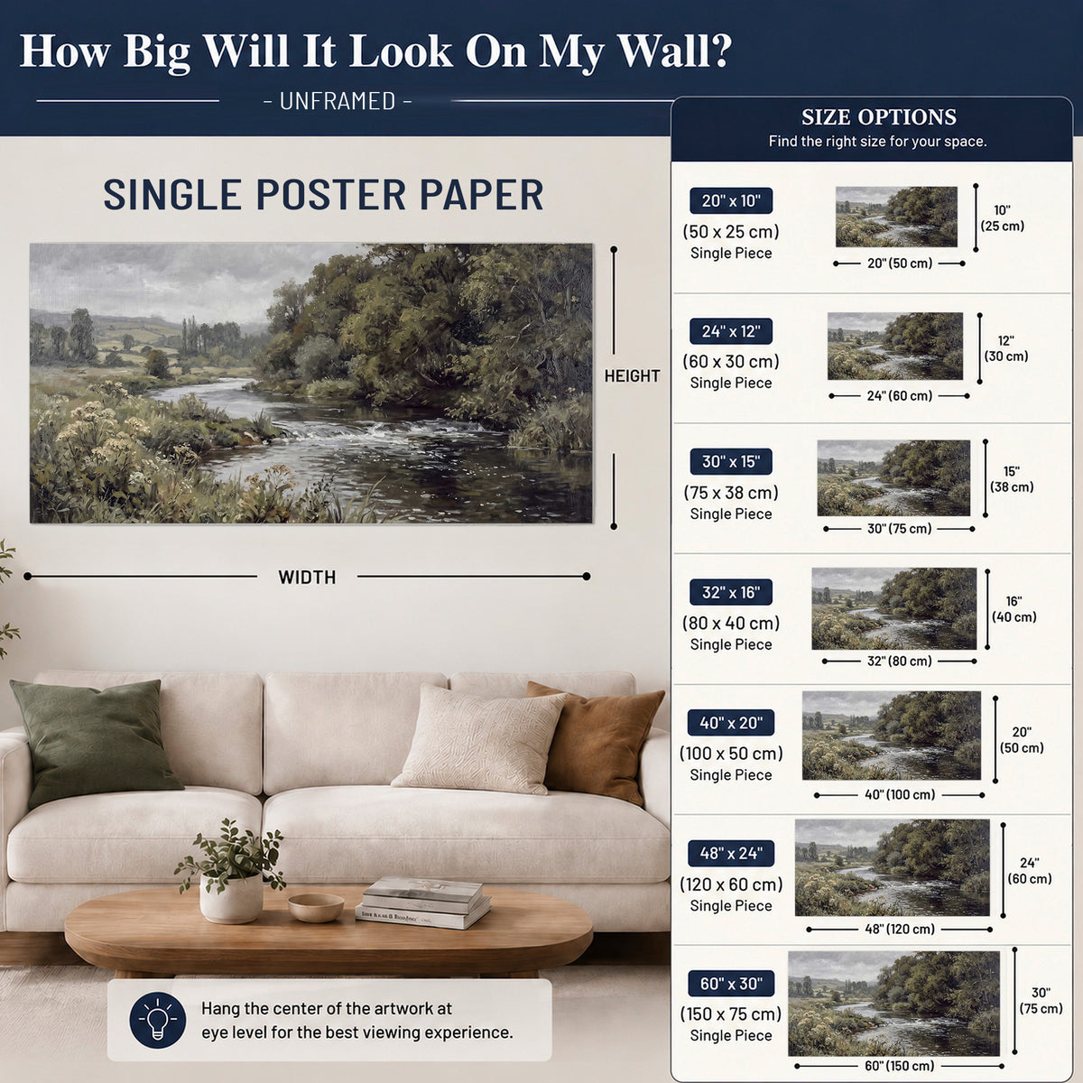 A gently flowing river bordered by olive-green trees and flowers single poster print size guide above a sofa; room view is illustrative