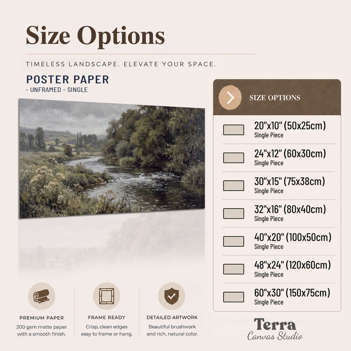 A gently flowing river bordered by olive-green trees and flowers single poster print available dimensions