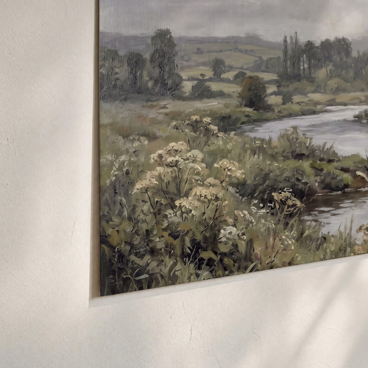 A gently flowing river bordered by olive-green trees and flowers set of 3 poster prints material and edge close up