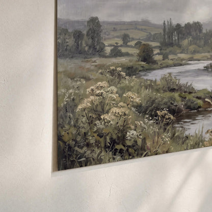 A gently flowing river bordered by olive-green trees and flowers set of 3 poster prints material and edge close up