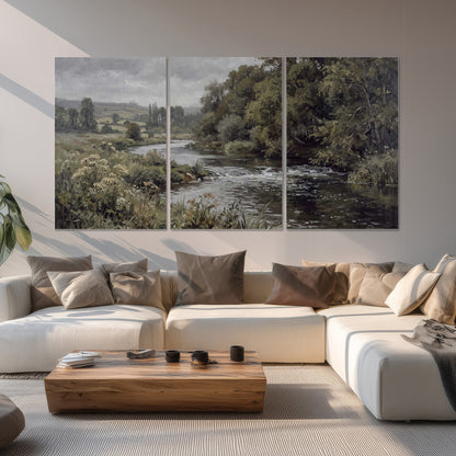 A gently flowing river bordered by olive-green trees and flowers set of 3 poster prints displayed in a living room