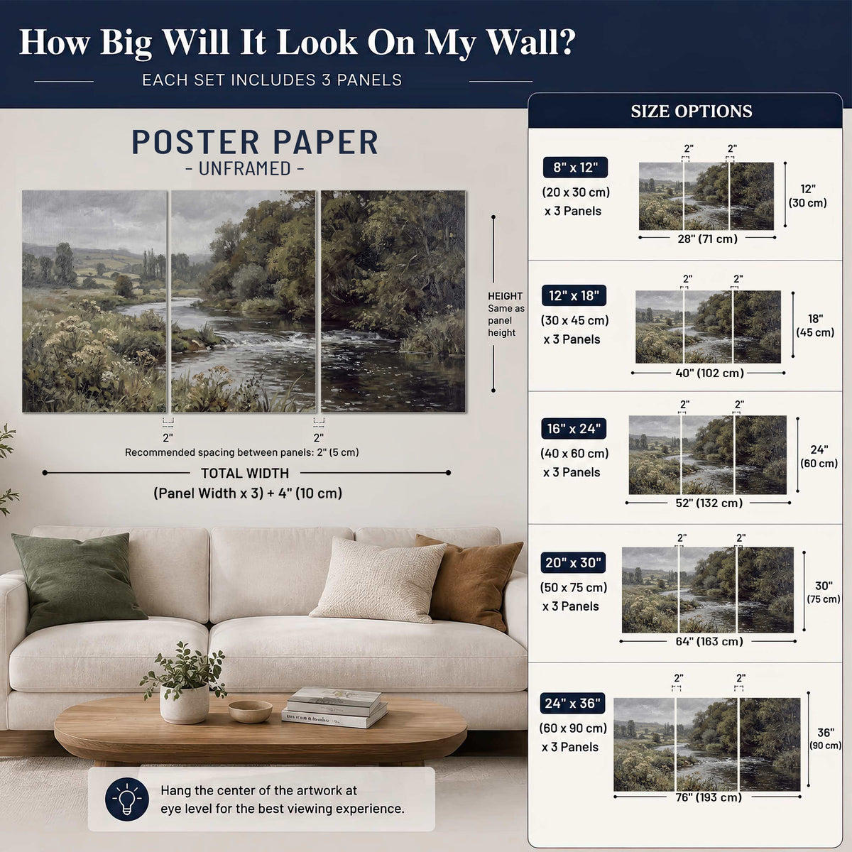 A gently flowing river bordered by olive-green trees and flowers set of 3 poster prints size guide above a sofa; room view is illustrative