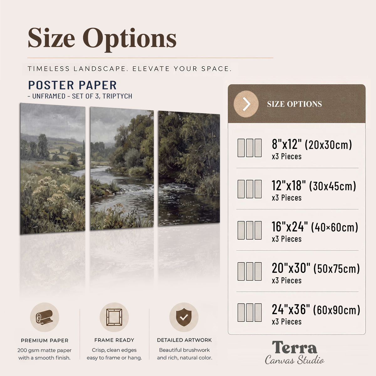 A gently flowing river bordered by olive-green trees and flowers set of 3 poster prints available dimensions; triptych dimensions are per panel