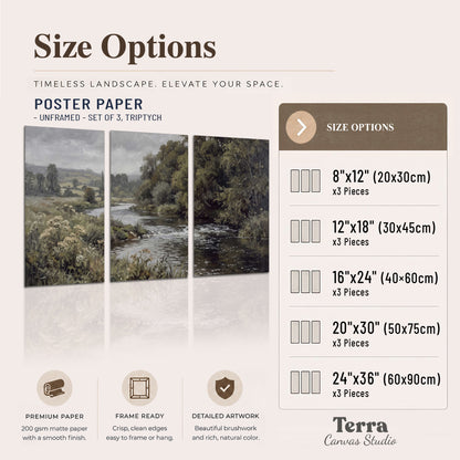 A gently flowing river bordered by olive-green trees and flowers set of 3 poster prints available dimensions; triptych dimensions are per panel