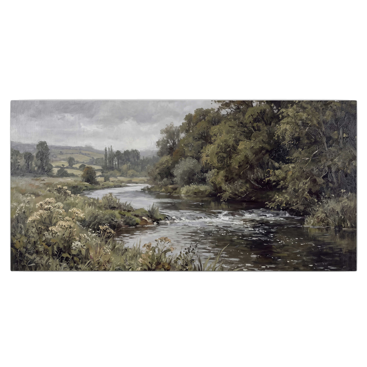 A gently flowing river bordered by olive-green trees and flowers single canvas wall art viewed straight on