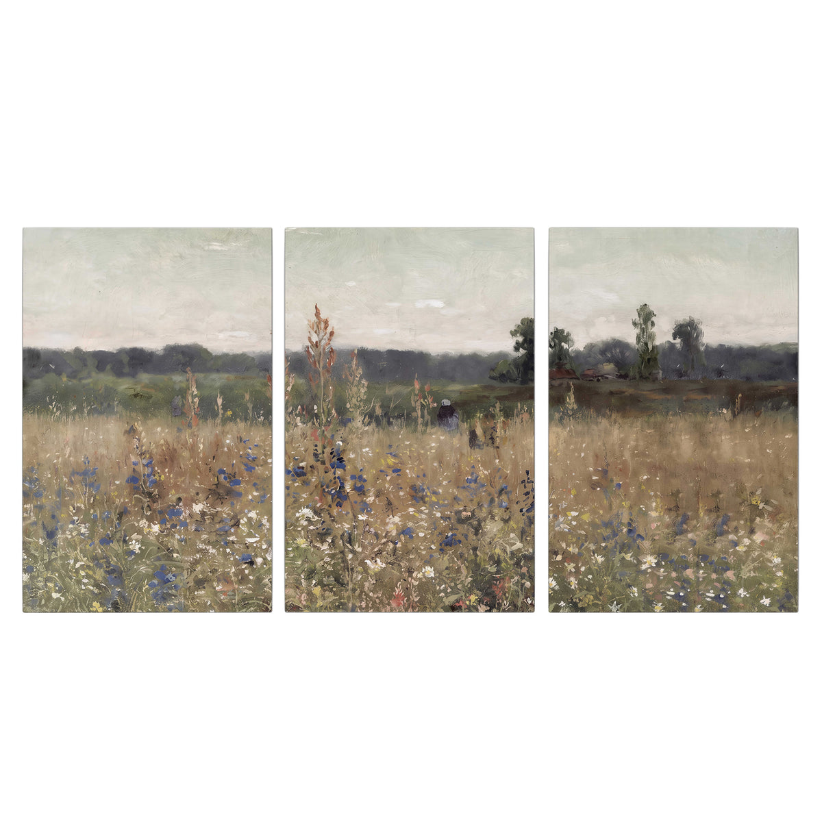 A loose painterly meadow with scattered blue and white wildflowers 3 piece canvas wall art viewed straight on
