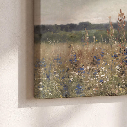 A loose painterly meadow with scattered blue and white wildflowers 3 piece canvas wall art material and edge close up