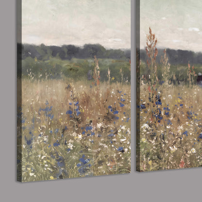 A loose painterly meadow with scattered blue and white wildflowers 3 piece canvas wall art room and product view