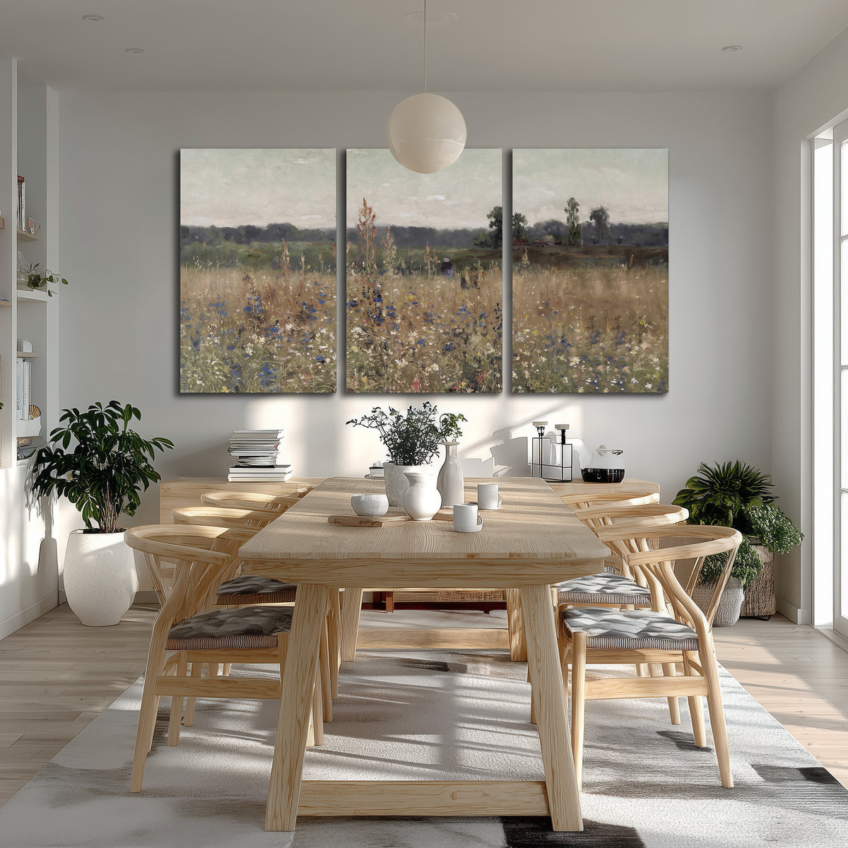 A loose painterly meadow with scattered blue and white wildflowers 3 piece canvas wall art room and product view