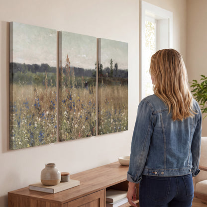 A loose painterly meadow with scattered blue and white wildflowers 3 piece canvas wall art three panel arrangement on a wall