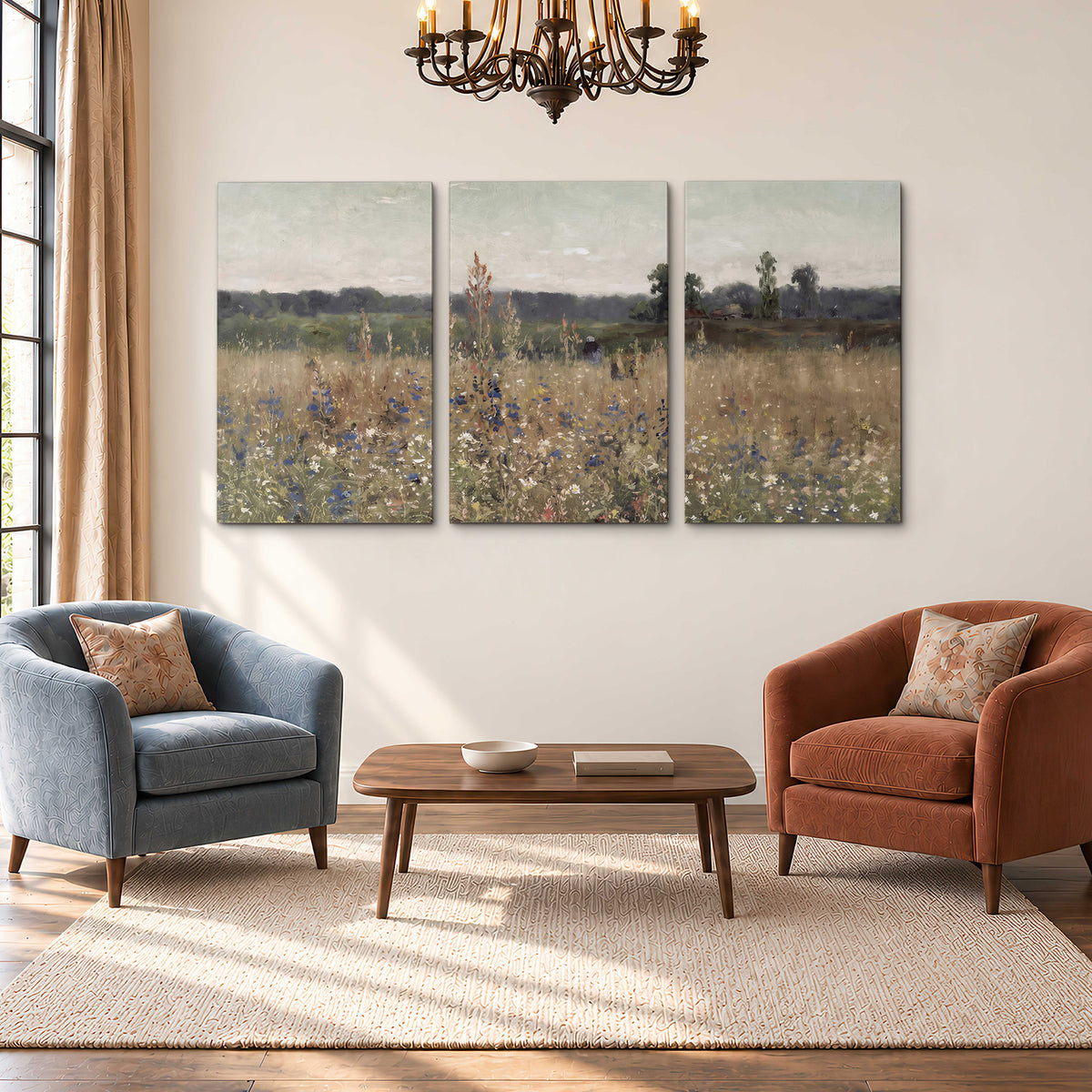 A loose painterly meadow with scattered blue and white wildflowers 3 piece canvas wall art styled in an interior