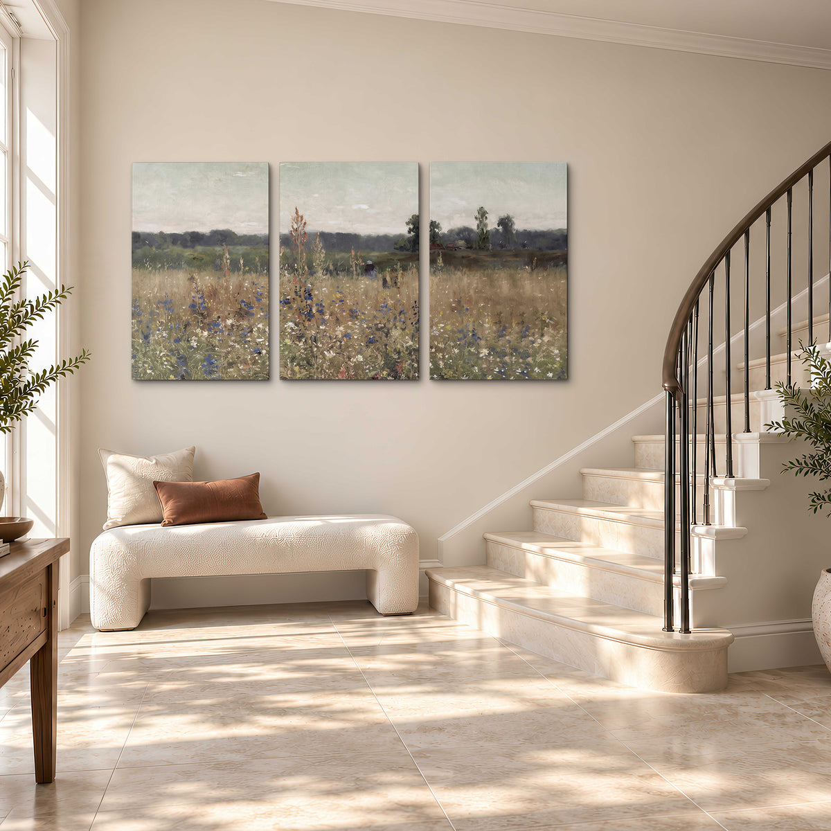 A loose painterly meadow with scattered blue and white wildflowers 3 piece canvas wall art styled in an interior