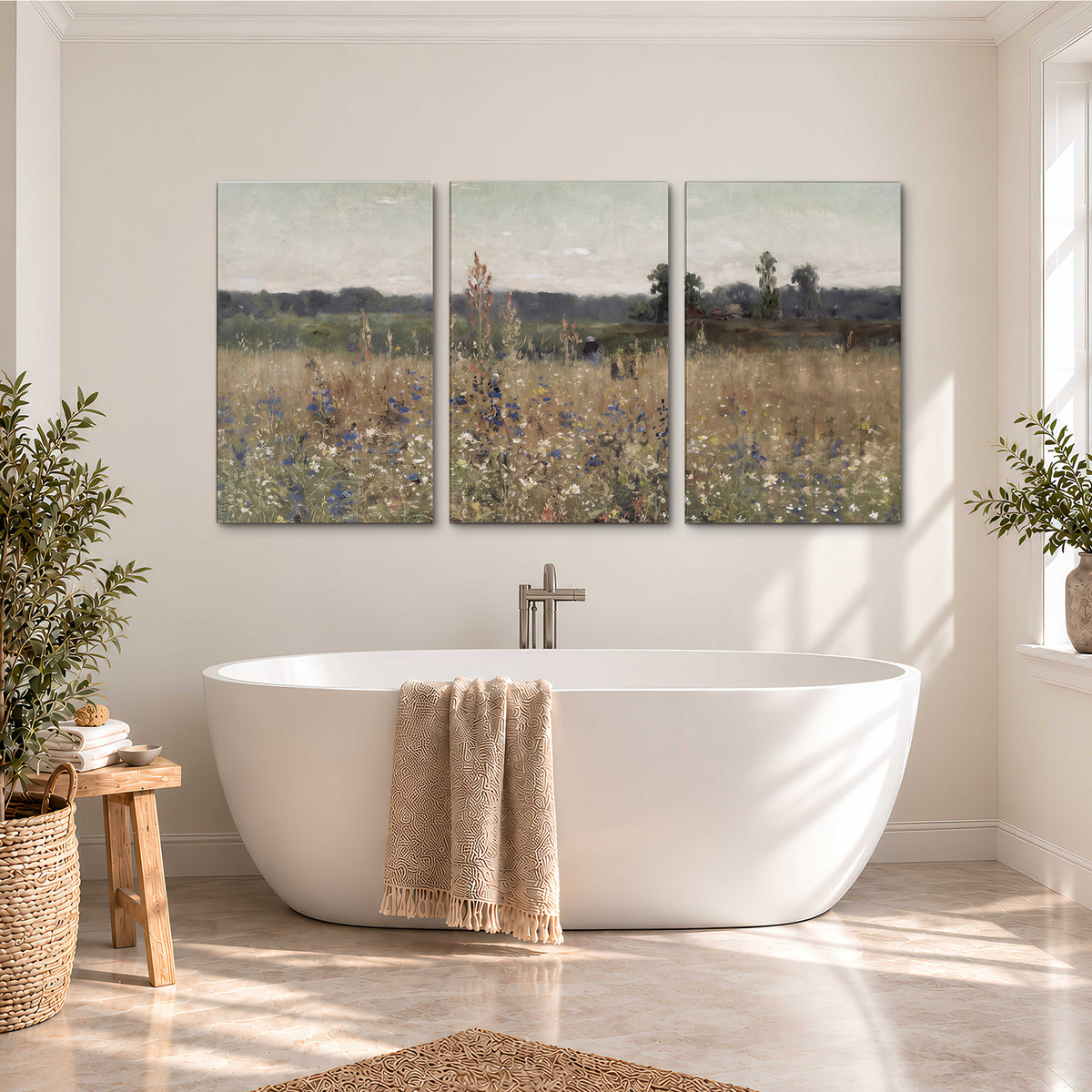 A loose painterly meadow with scattered blue and white wildflowers 3 piece canvas wall art styled in an interior