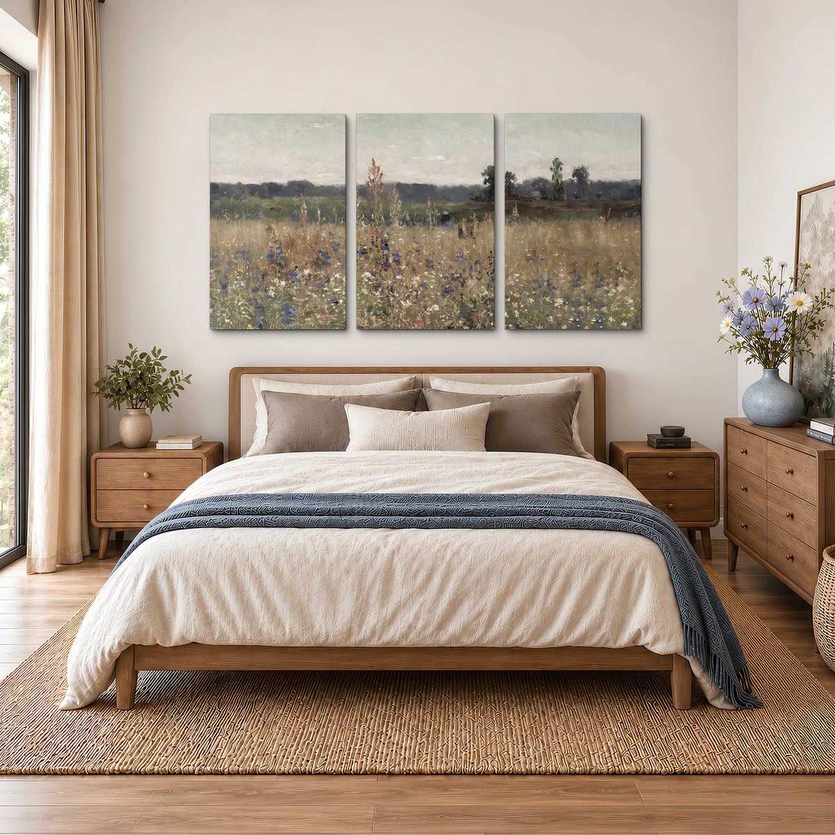 A loose painterly meadow with scattered blue and white wildflowers 3 piece canvas wall art styled in an interior