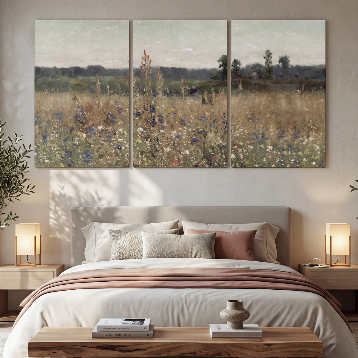 A loose painterly meadow with scattered blue and white wildflowers 3 piece canvas wall art displayed in a bedroom