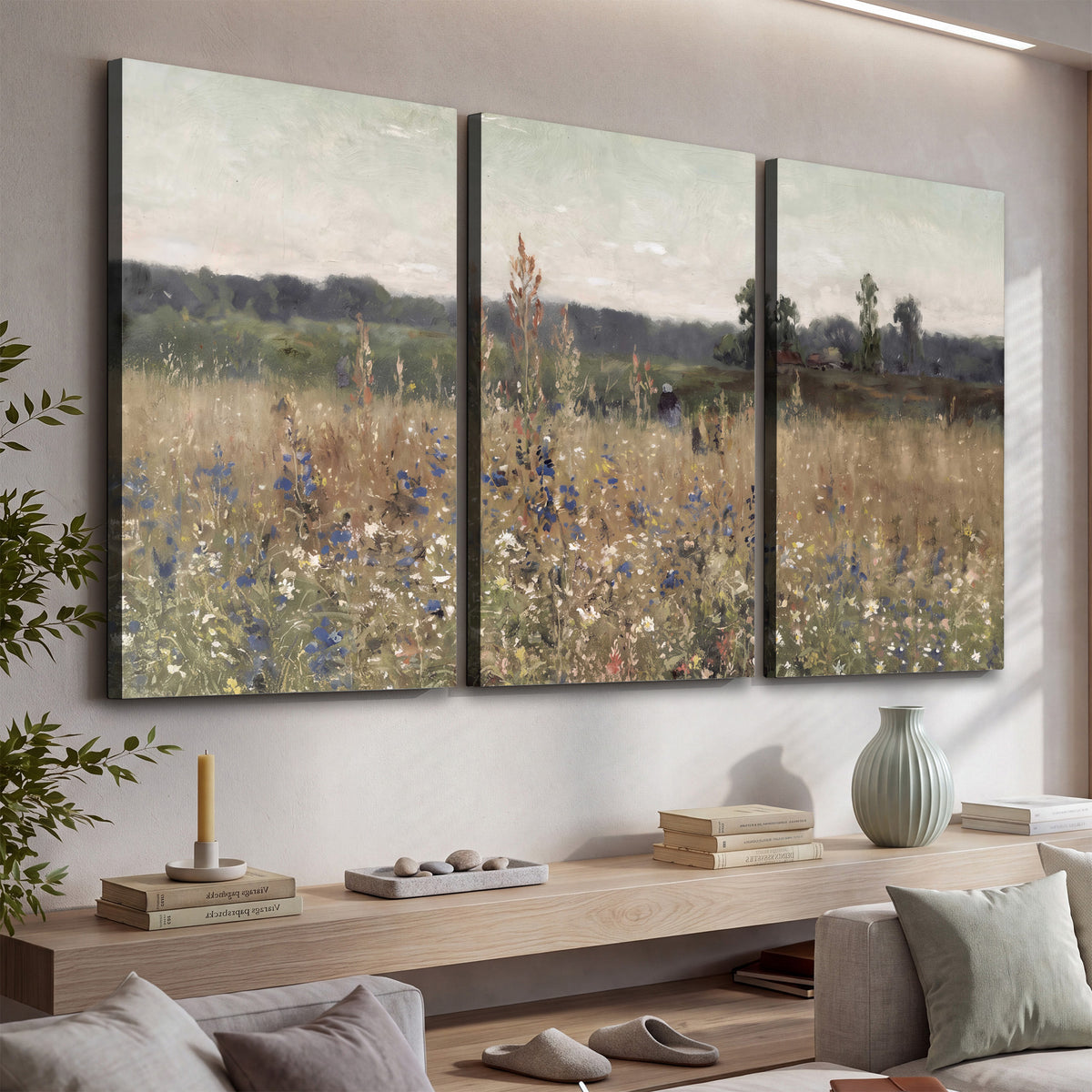 A loose painterly meadow with scattered blue and white wildflowers 3 piece canvas wall art displayed in a console