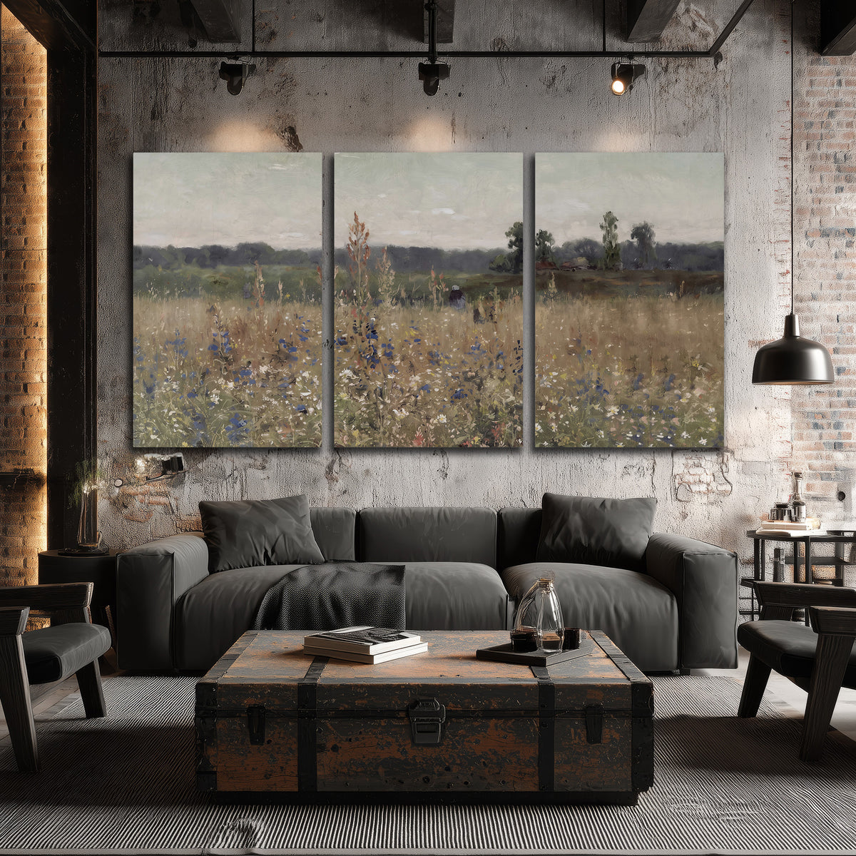 A loose painterly meadow with scattered blue and white wildflowers 3 piece canvas wall art displayed in a industrial room