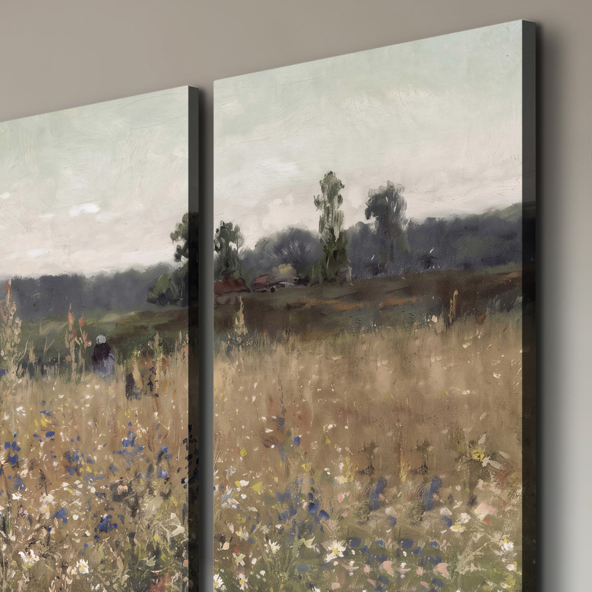 A loose painterly meadow with scattered blue and white wildflowers 3 piece canvas wall art room and product view