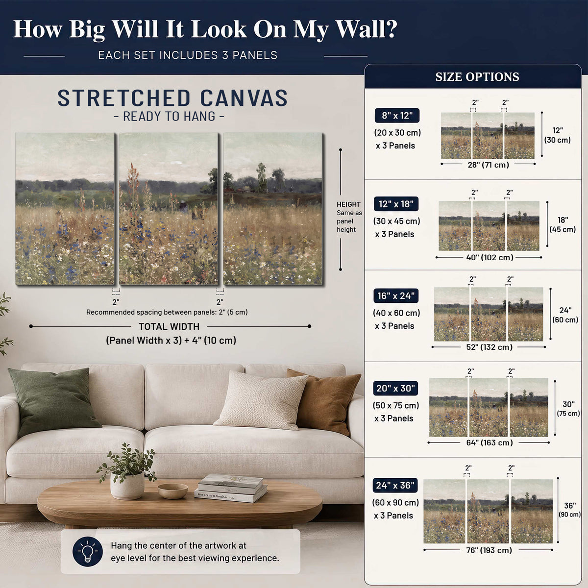 A loose painterly meadow with scattered blue and white wildflowers 3 piece canvas wall art size guide above a sofa; room view is illustrative