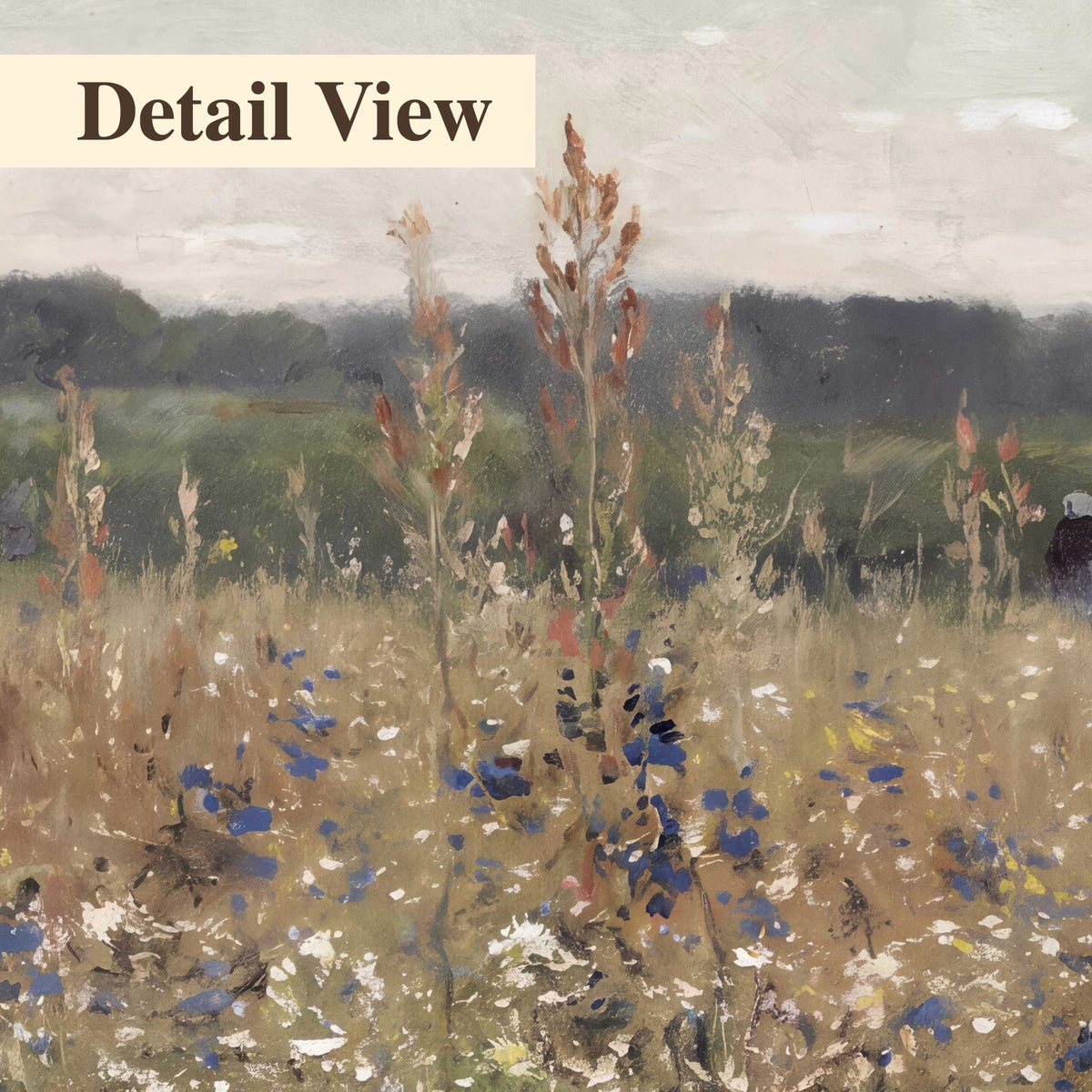 A loose painterly meadow with scattered blue and white wildflowers 3 piece canvas wall art artwork detail close up