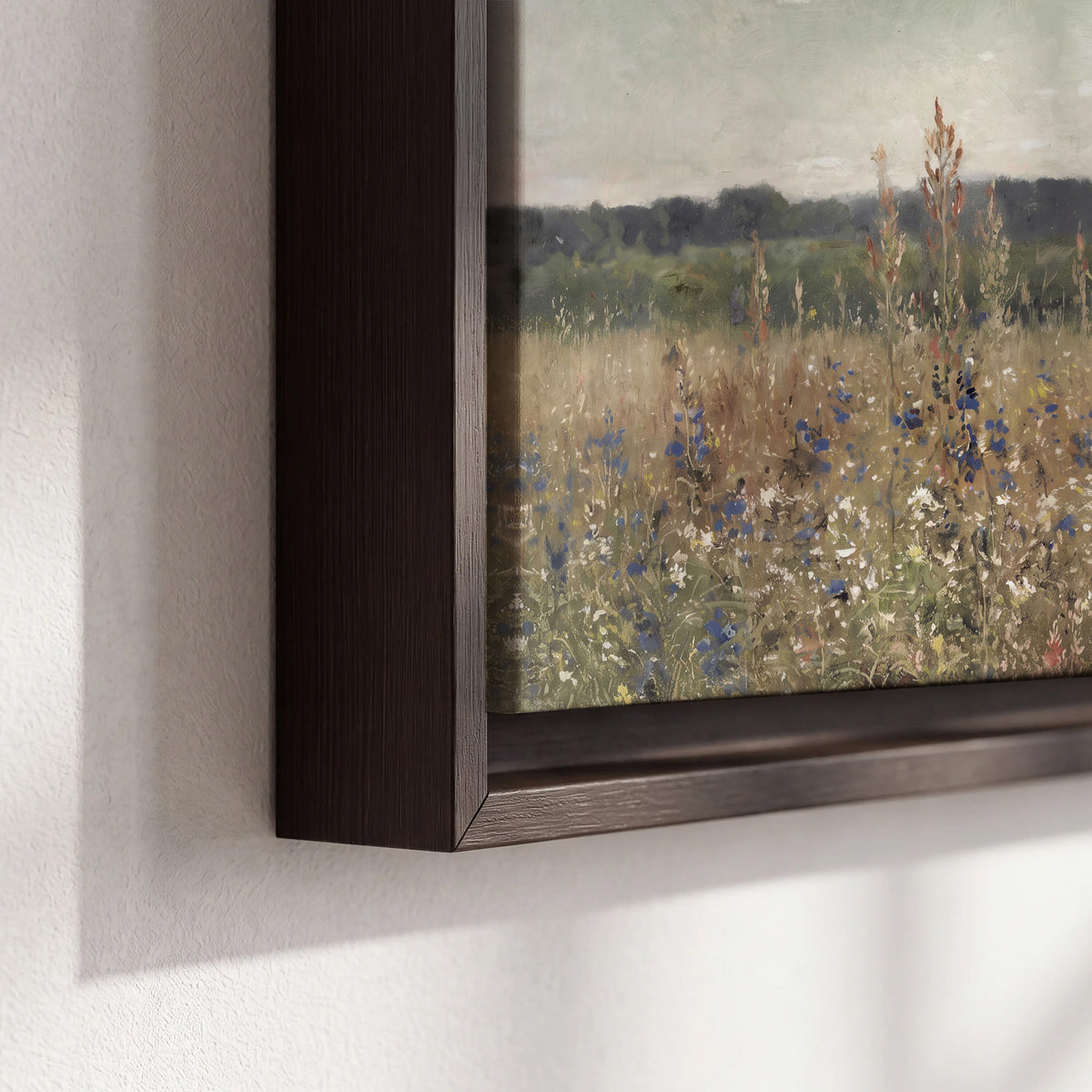 A loose painterly meadow with scattered blue and white wildflowers 3 piece framed canvas wall art material and edge close up