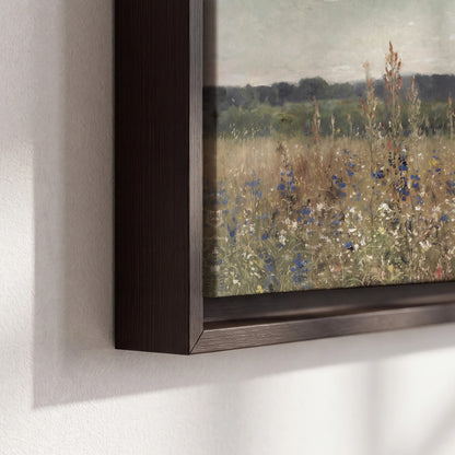 A loose painterly meadow with scattered blue and white wildflowers 3 piece framed canvas wall art material and edge close up