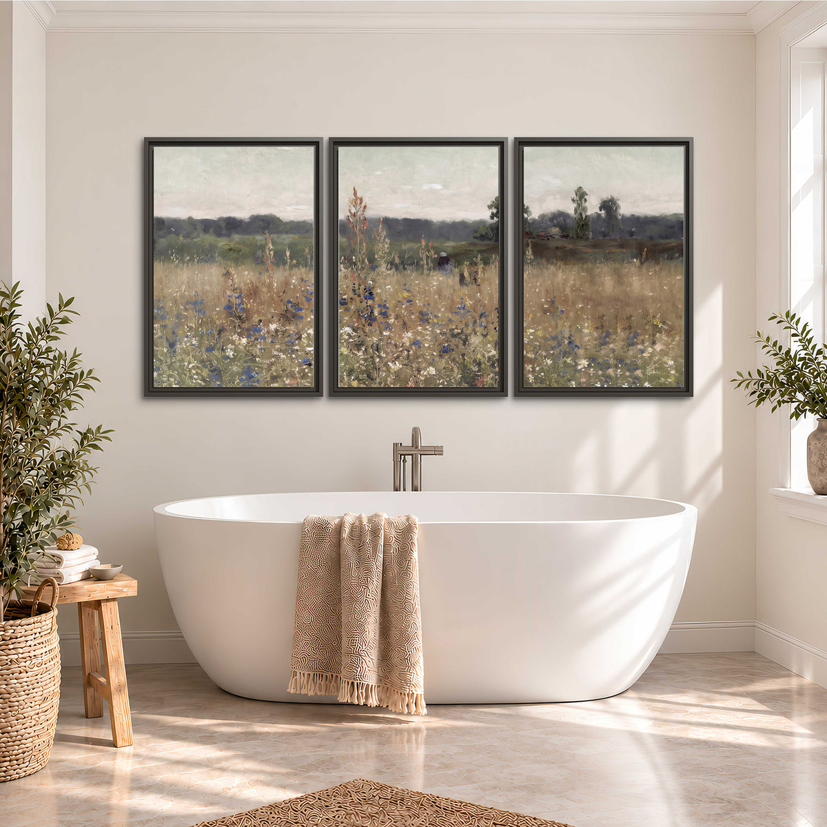A loose painterly meadow with scattered blue and white wildflowers 3 piece framed canvas wall art styled in an interior