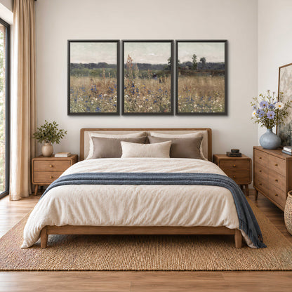 A loose painterly meadow with scattered blue and white wildflowers 3 piece framed canvas wall art styled in an interior