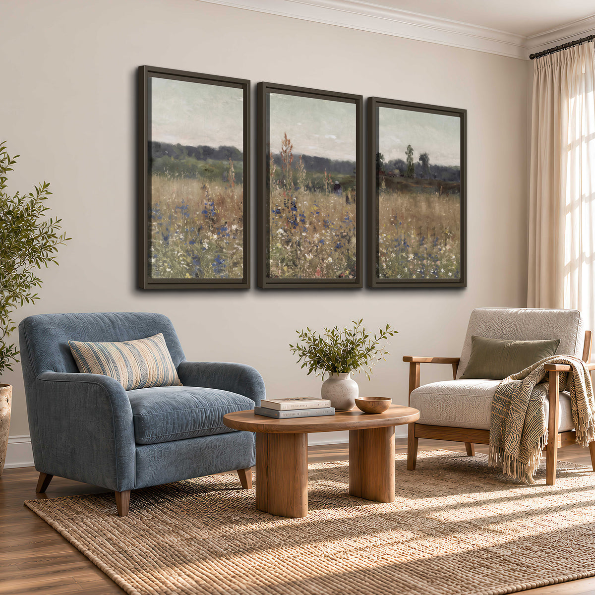 A loose painterly meadow with scattered blue and white wildflowers 3 piece framed canvas wall art styled in an interior