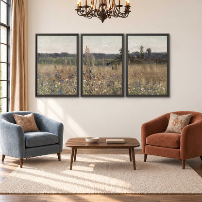 A loose painterly meadow with scattered blue and white wildflowers 3 piece framed canvas wall art styled in an interior