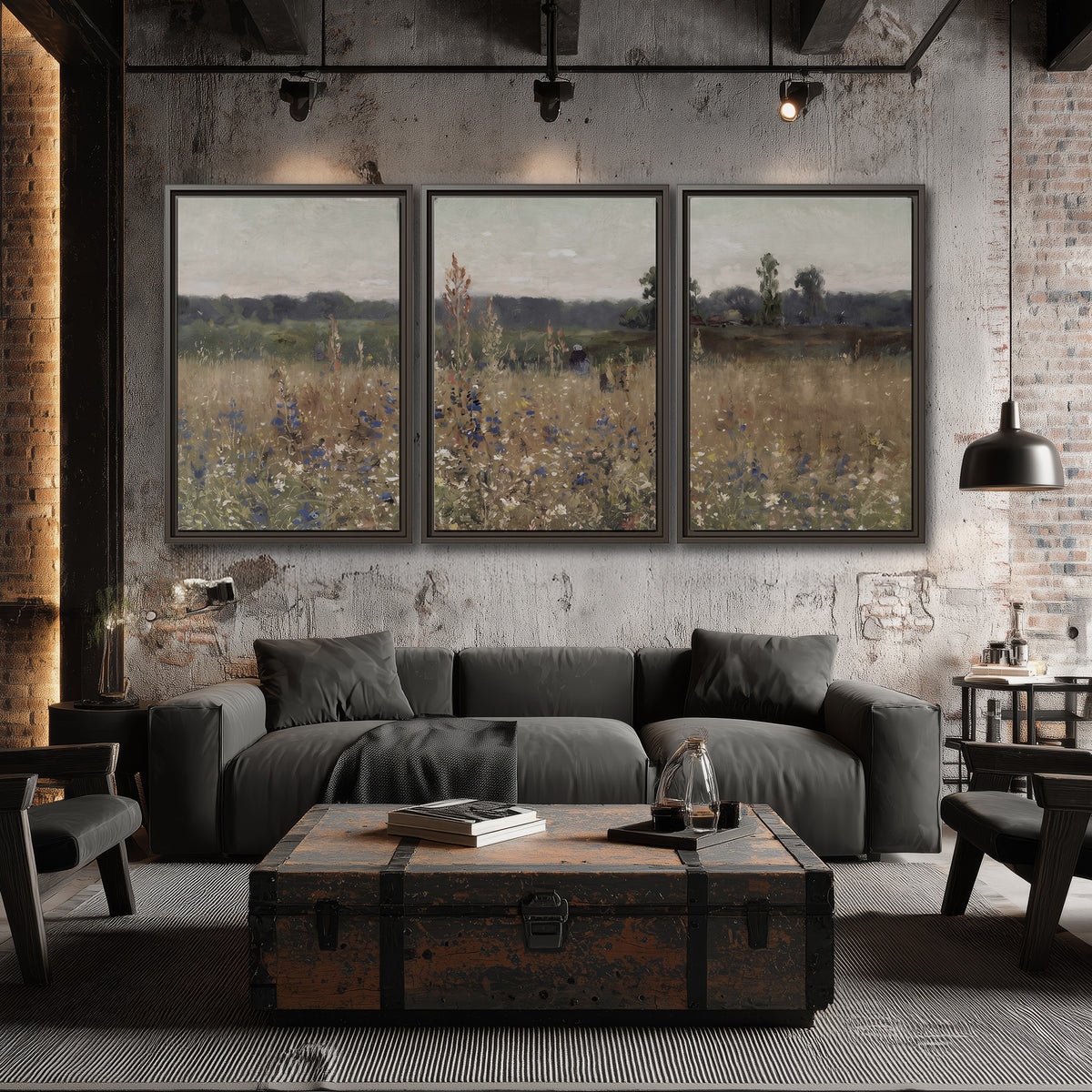 A loose painterly meadow with scattered blue and white wildflowers 3 piece framed canvas wall art displayed in a industrial room