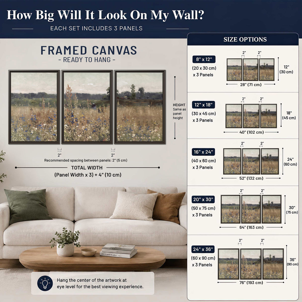 A loose painterly meadow with scattered blue and white wildflowers 3 piece framed canvas wall art size guide above a sofa; room view is illustrative