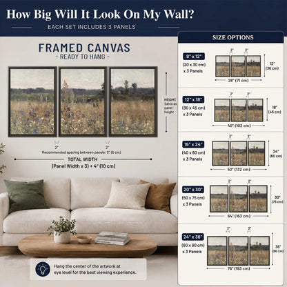 A loose painterly meadow with scattered blue and white wildflowers 3 piece framed canvas wall art size guide above a sofa; room view is illustrative
