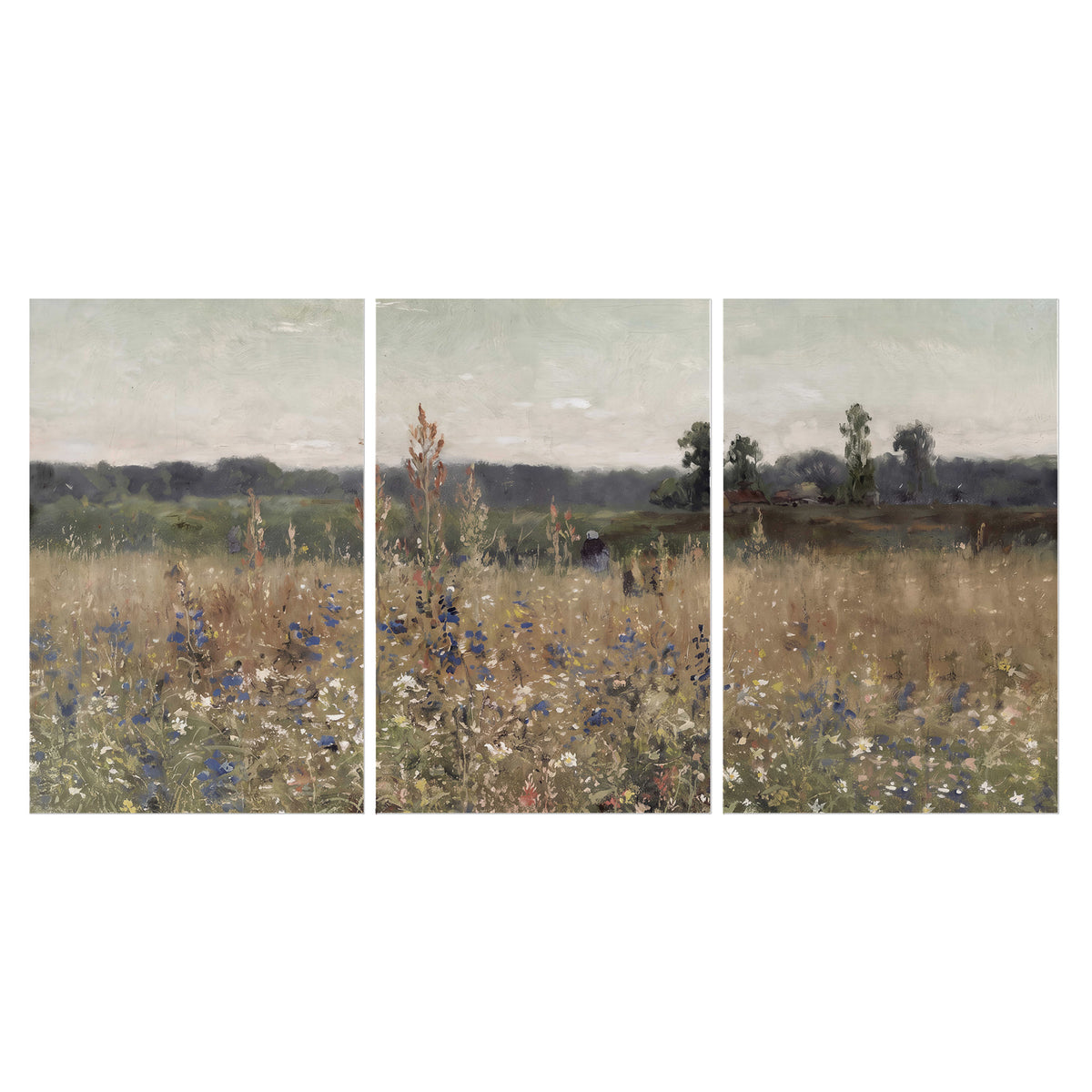 A loose painterly meadow with scattered blue and white wildflowers set of 3 poster prints viewed straight on