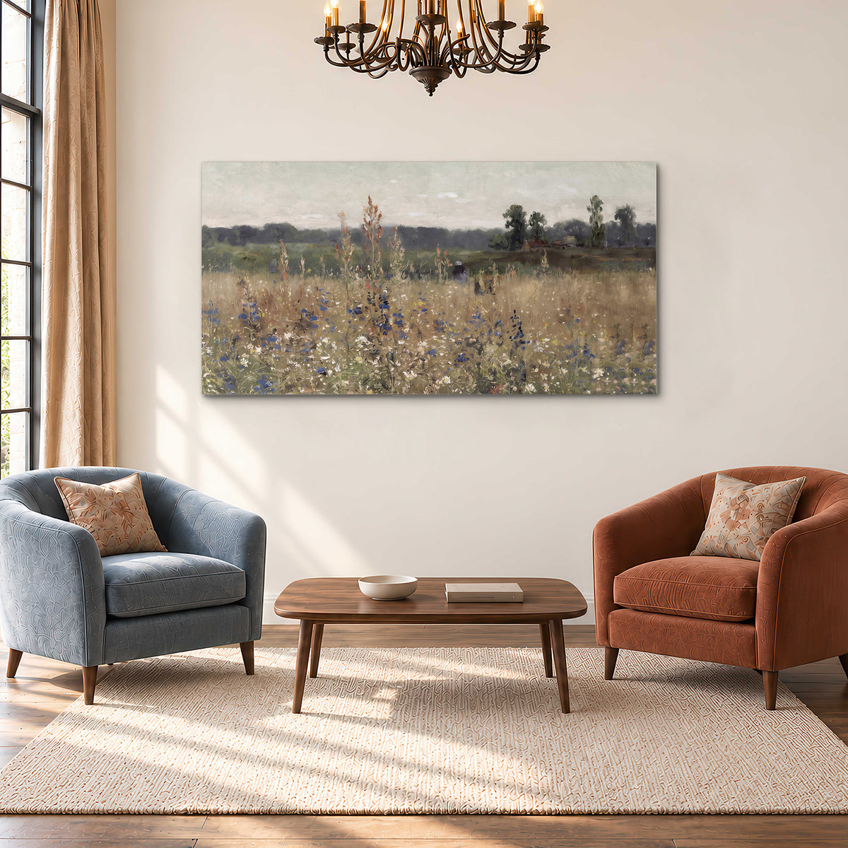 A loose painterly meadow with scattered blue and white wildflowers single canvas wall art styled in an interior