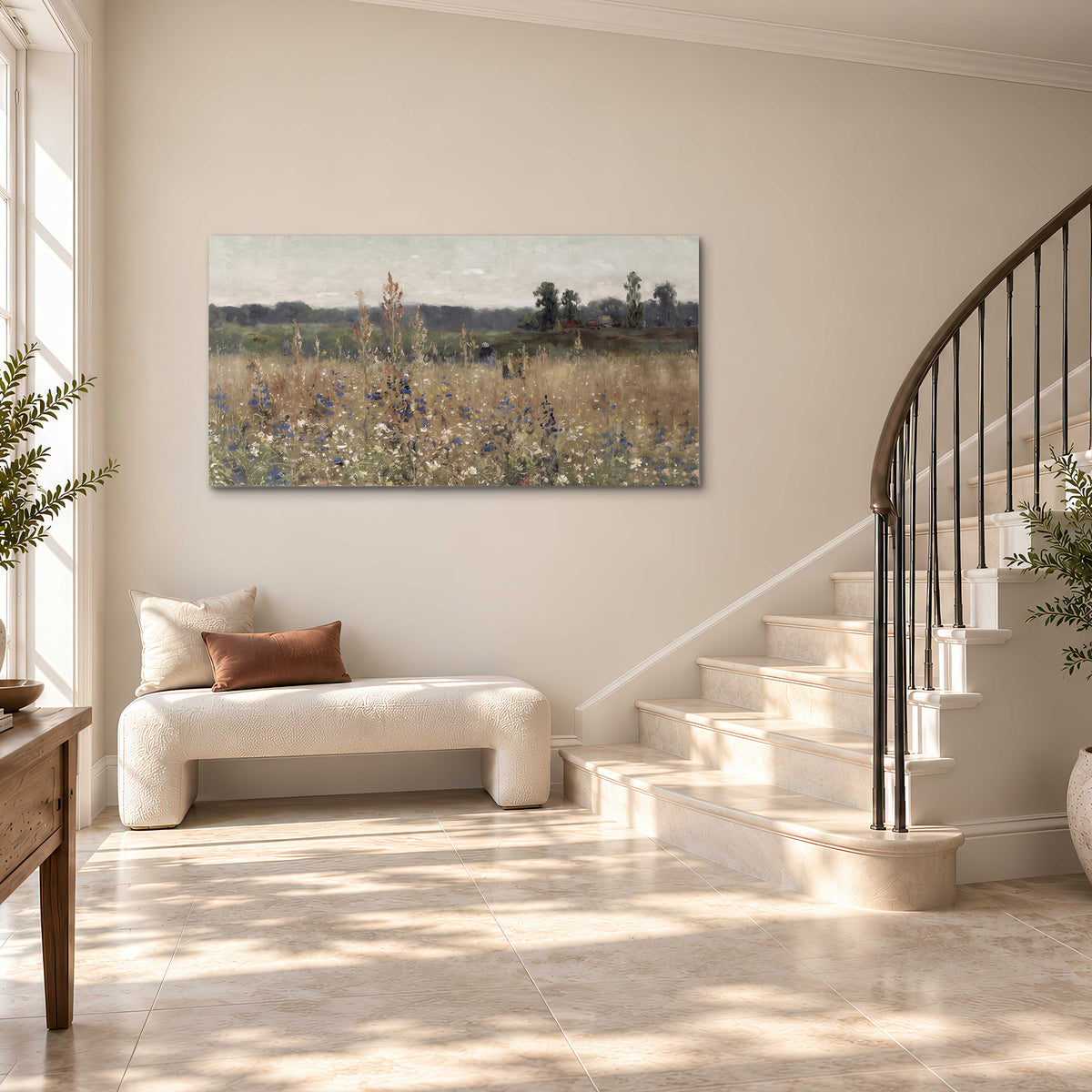 A loose painterly meadow with scattered blue and white wildflowers single canvas wall art styled in an interior