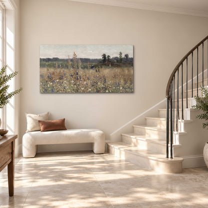 A loose painterly meadow with scattered blue and white wildflowers single canvas wall art styled in an interior