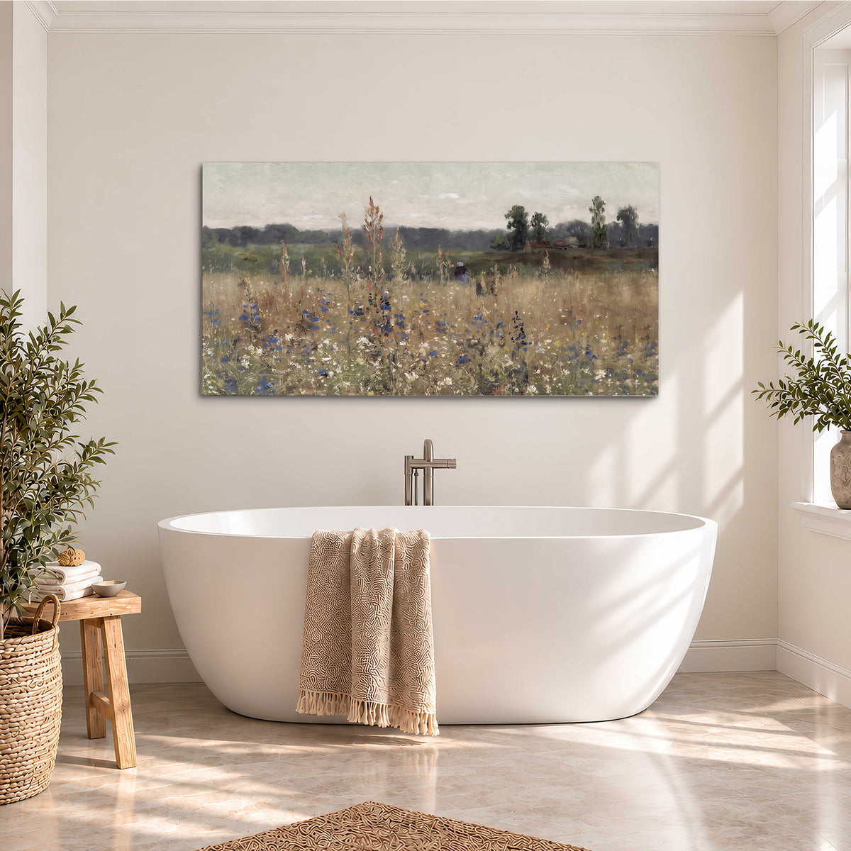 A loose painterly meadow with scattered blue and white wildflowers single canvas wall art styled in an interior