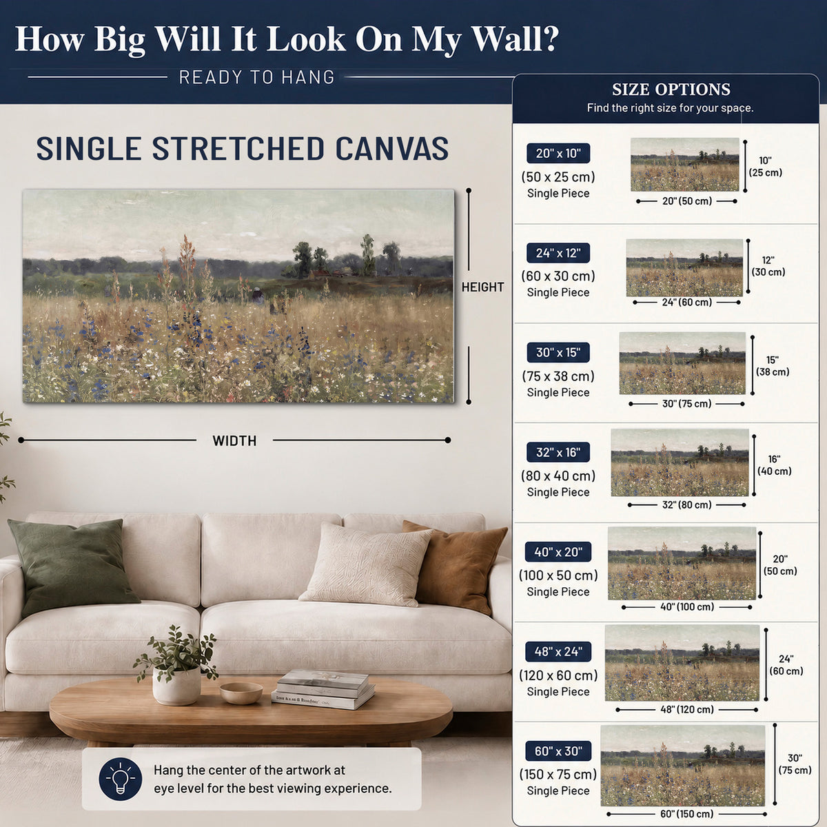 A loose painterly meadow with scattered blue and white wildflowers single canvas wall art size guide above a sofa; room view is illustrative