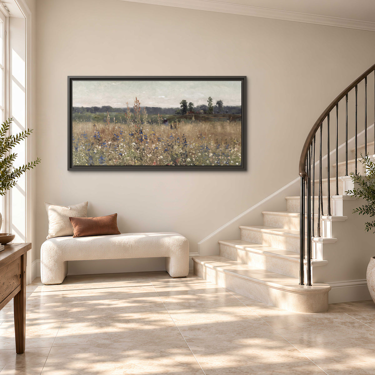 A loose painterly meadow with scattered blue and white wildflowers single framed canvas wall art styled in an interior